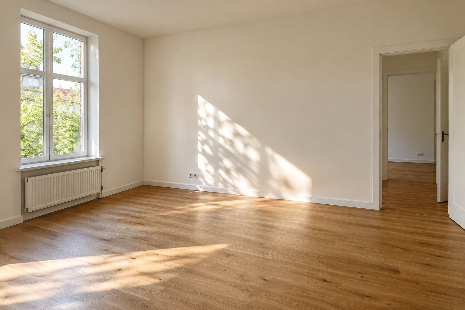 Before: an empty room with a window, a radiator and a wooden floor