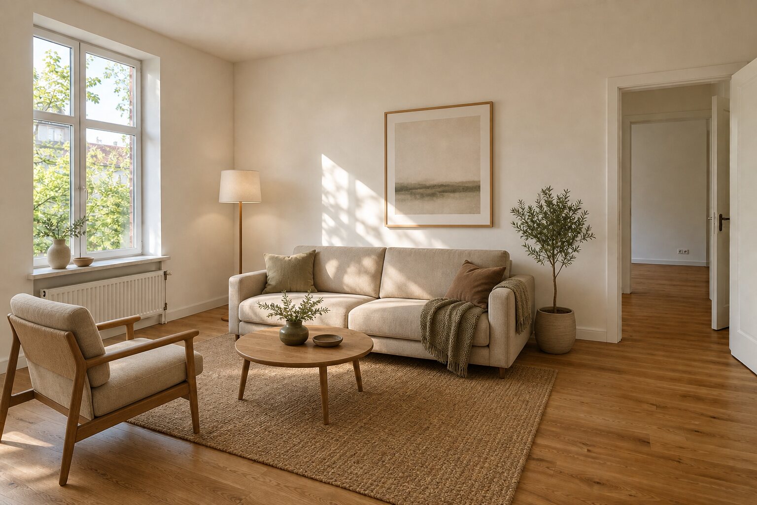 After: the same room with a sofa, an armchair, a rug and a framed print; the window, radiator, doorway and floor unchanged