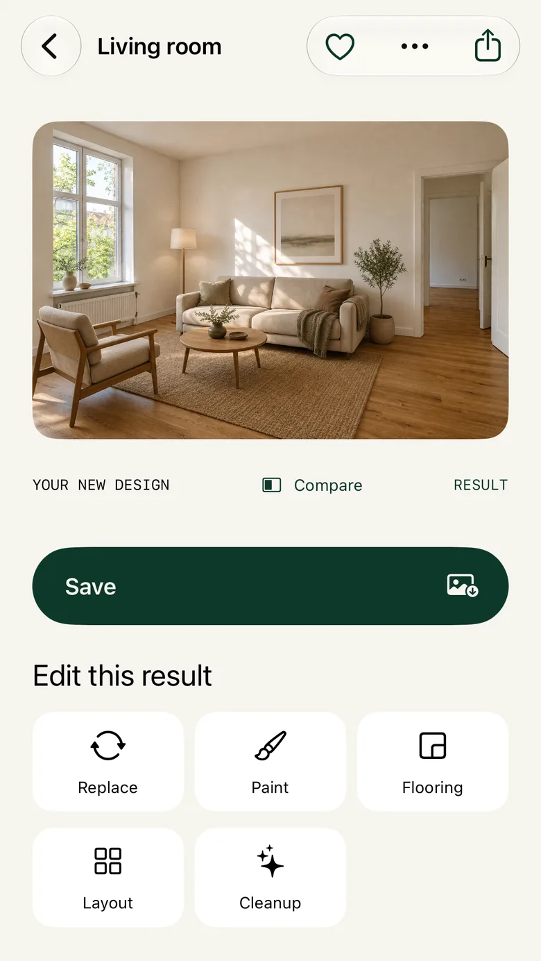 A finished living room design with Compare, Save and Edit this result controls