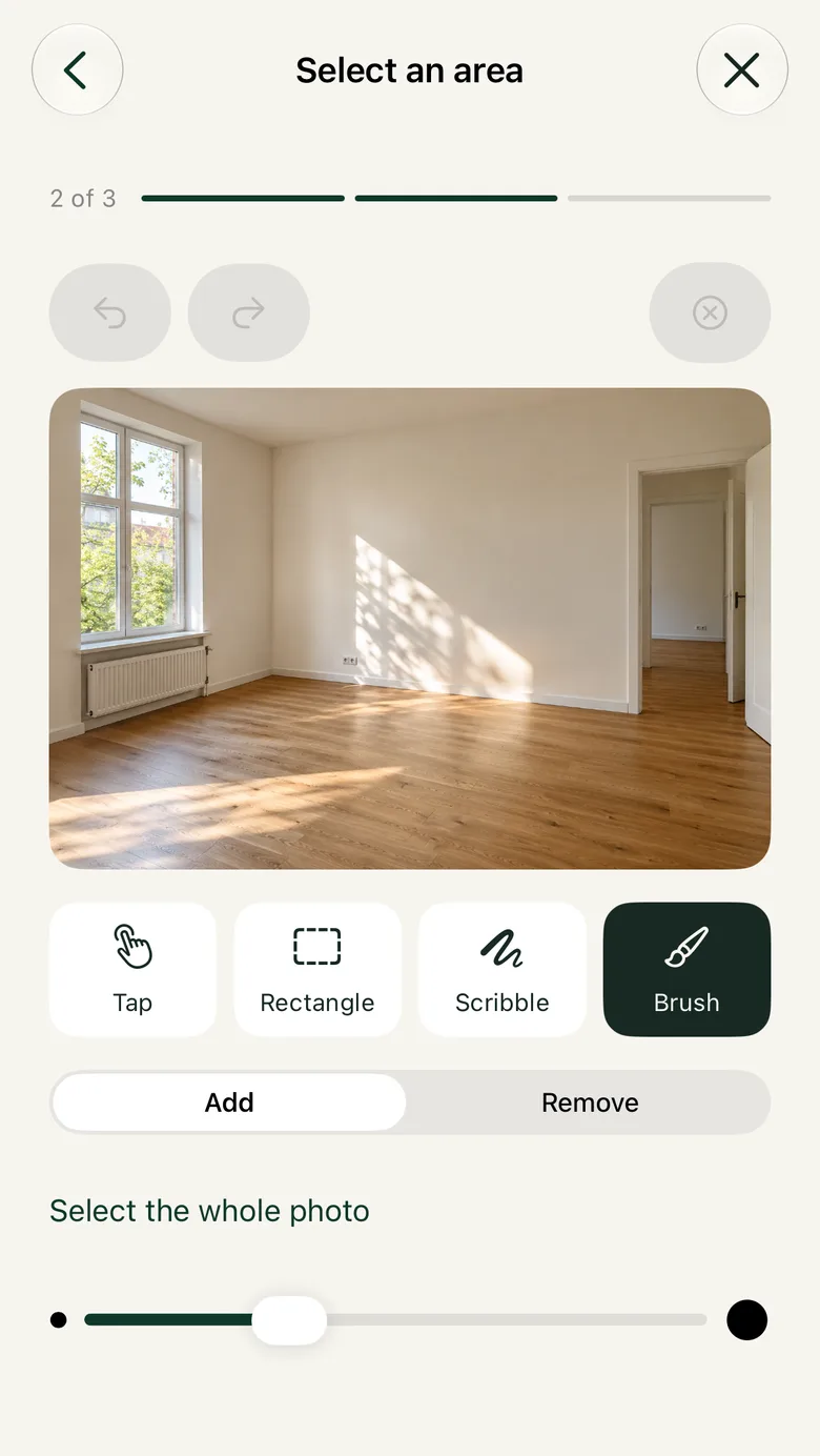 The Select an area step with Tap, Rectangle, Scribble and Brush tools and Add and Remove modes