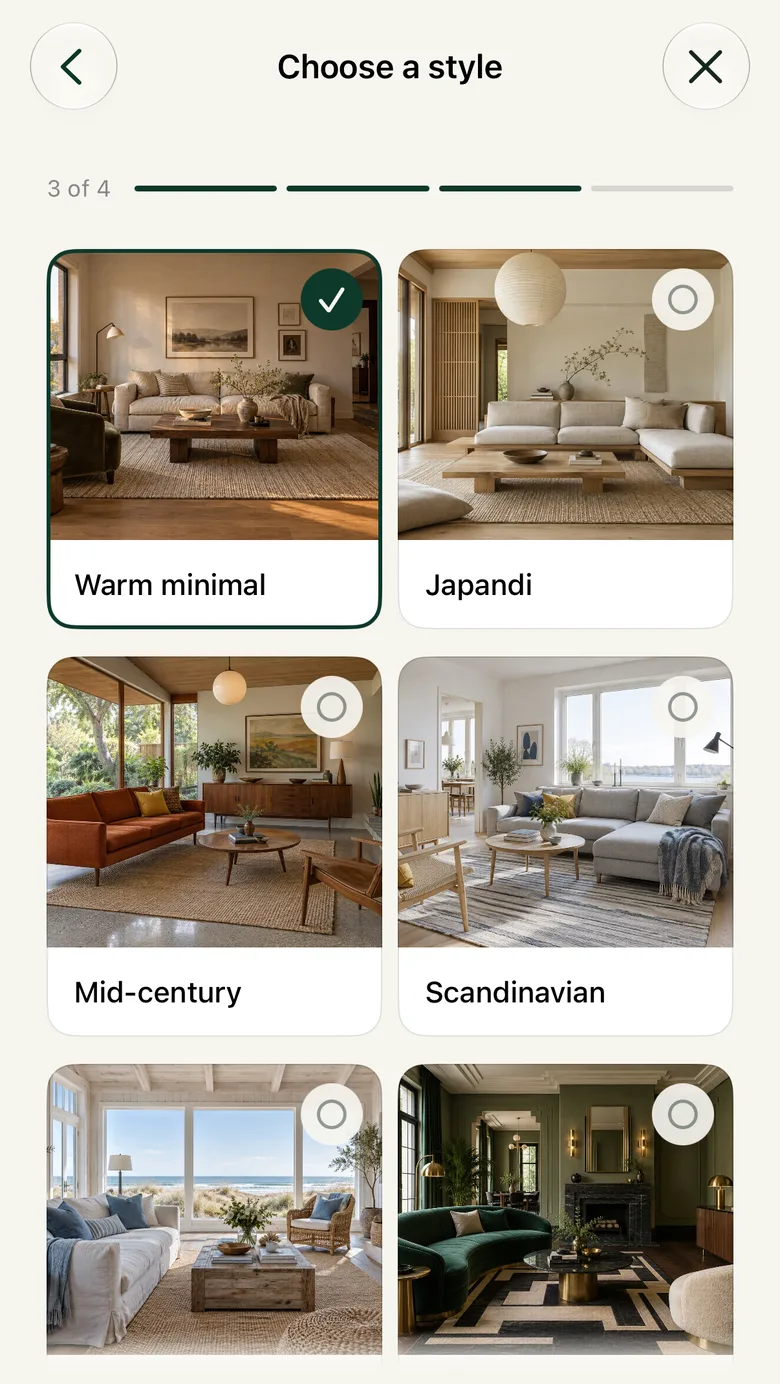 The Choose a style step showing Warm minimal, Japandi, Mid-century and Scandinavian rooms