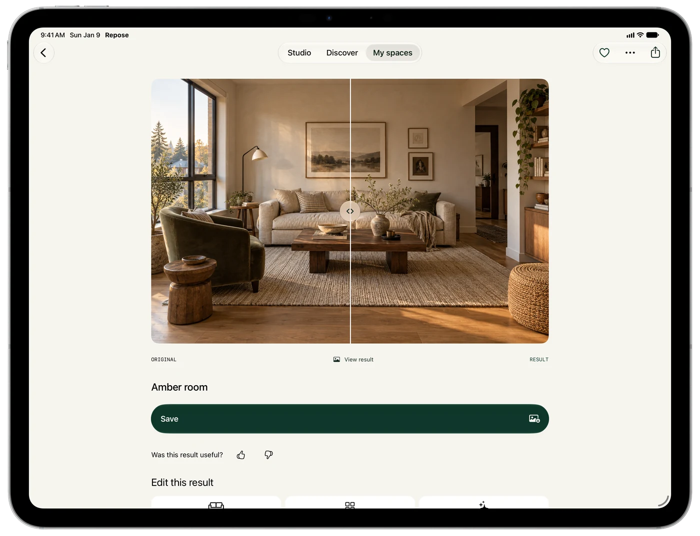 A finished design on iPad in landscape with the comparison slider
