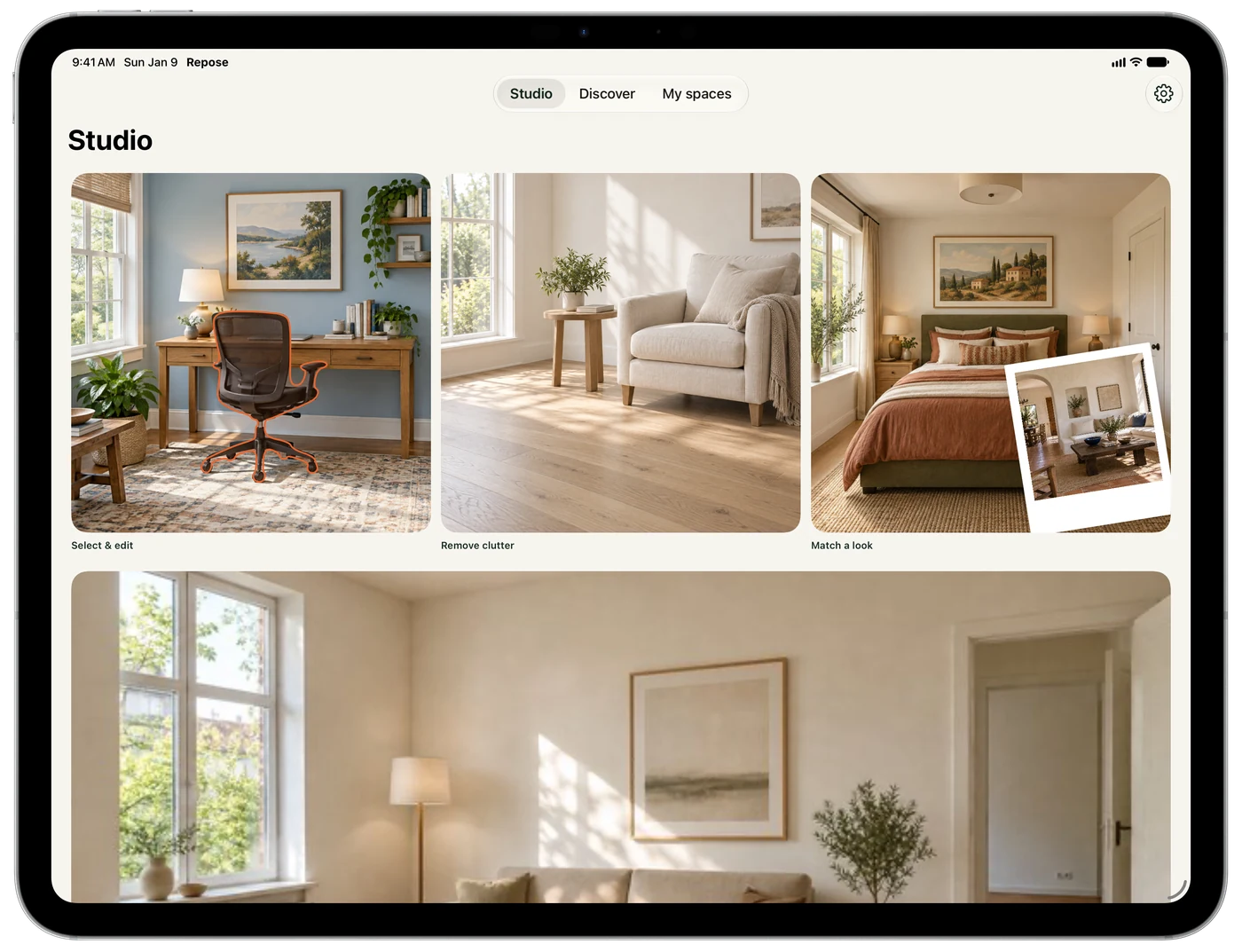 The Repose Studio screen on iPad in landscape, with design tools across the full window