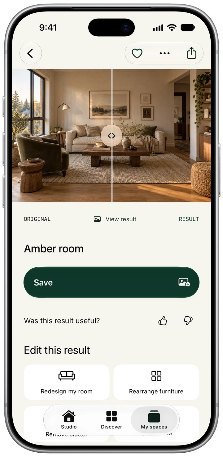 A finished design on iPhone with a slider comparing it against the original room