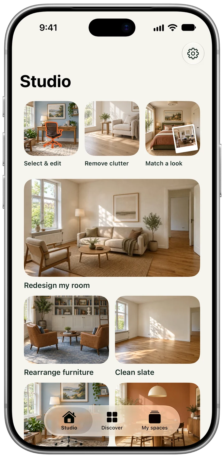 The Repose Studio screen on iPhone, showing design tools as photo tiles